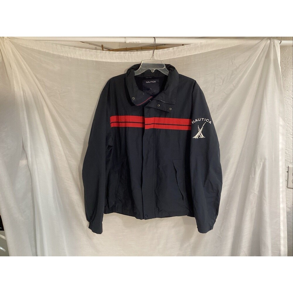 vtg nautica jacket/windbreaker men L navy/red stripe embroidered sailing